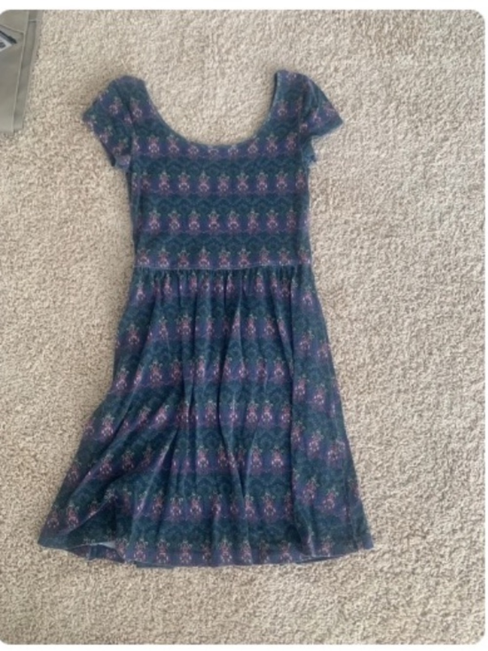GNavy and Purple Patterned Short-Sleeve Dress